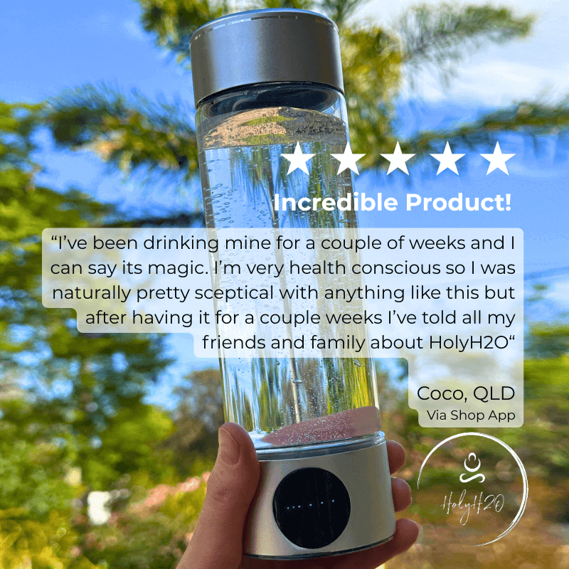 HolyH₂O™ Hydronizer hydrogen water generator bottle with user testimonial and 5-star rating outdoors.