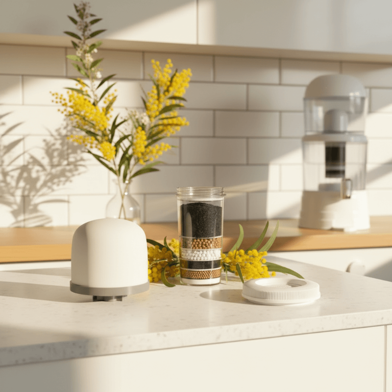 Modern kitchen counter with a white ceramic filter, glass container, and yellow flowers.