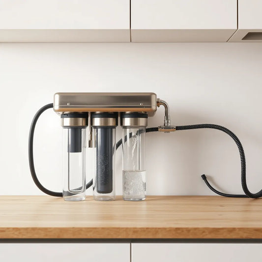 Multi-stage water purification system with three filter stages connected by hoses and flowing water