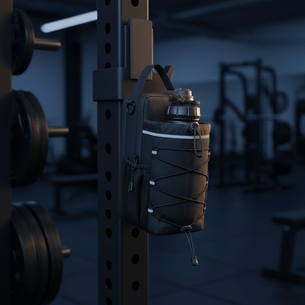 HolyH₂O Titan magnetic gym bag attached to a squat rack