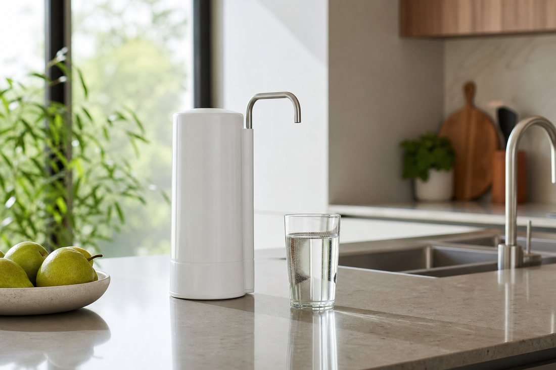 Benchtop water filter on a kitchen counter next to a glass of drinking water