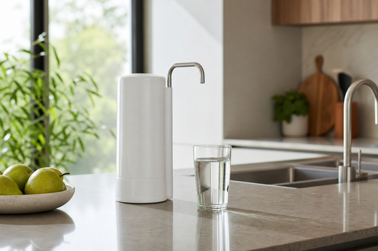 Benchtop water filter on a kitchen counter next to a glass of drinking water