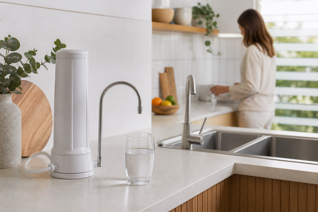 Benchtop water filter on a kitchen counter beside a glass of water