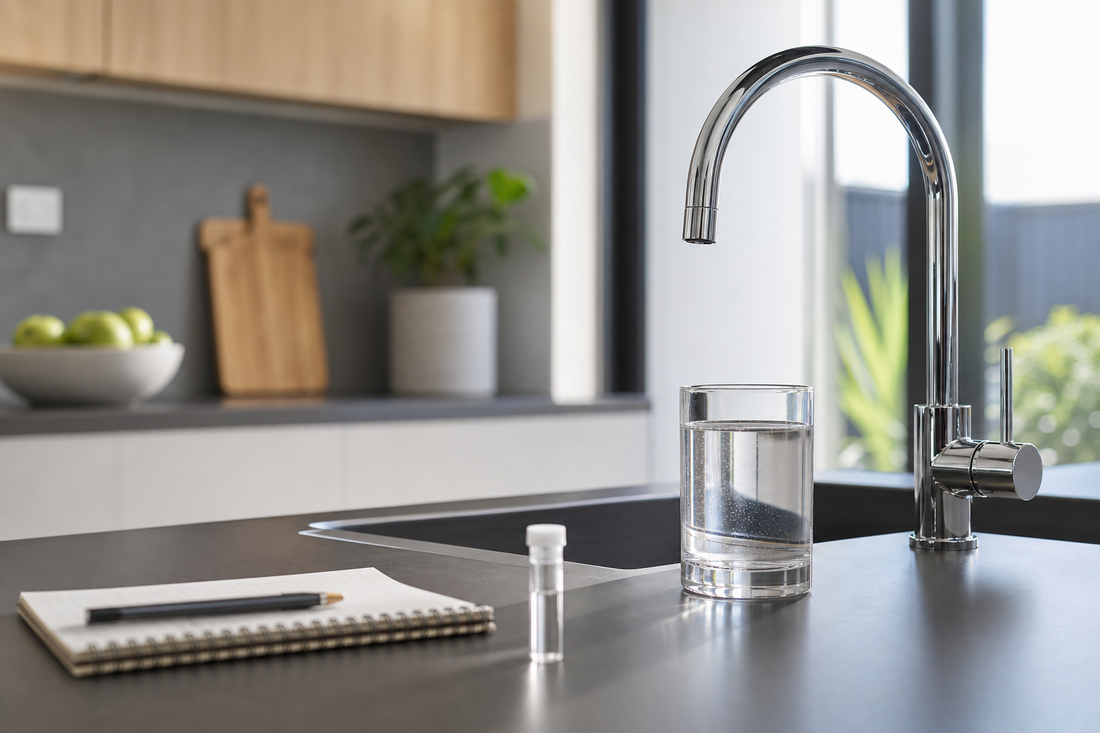 Glass of tap water on a kitchen counter beside a faucet and simple water testing items