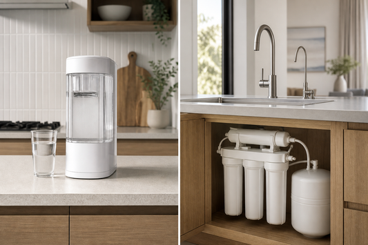 A benchtop water filter and an under-sink reverse osmosis system in a modern kitchen
