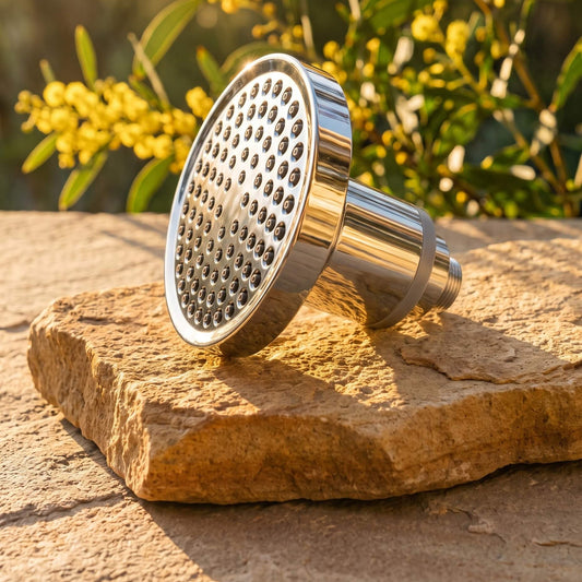 HolyH₂O Shower Mate Plus+ filtered showerhead in polished chrome on sandstone