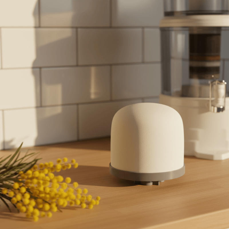 White ceramic filter on a wooden surface with yellow flowers and a kitchen background