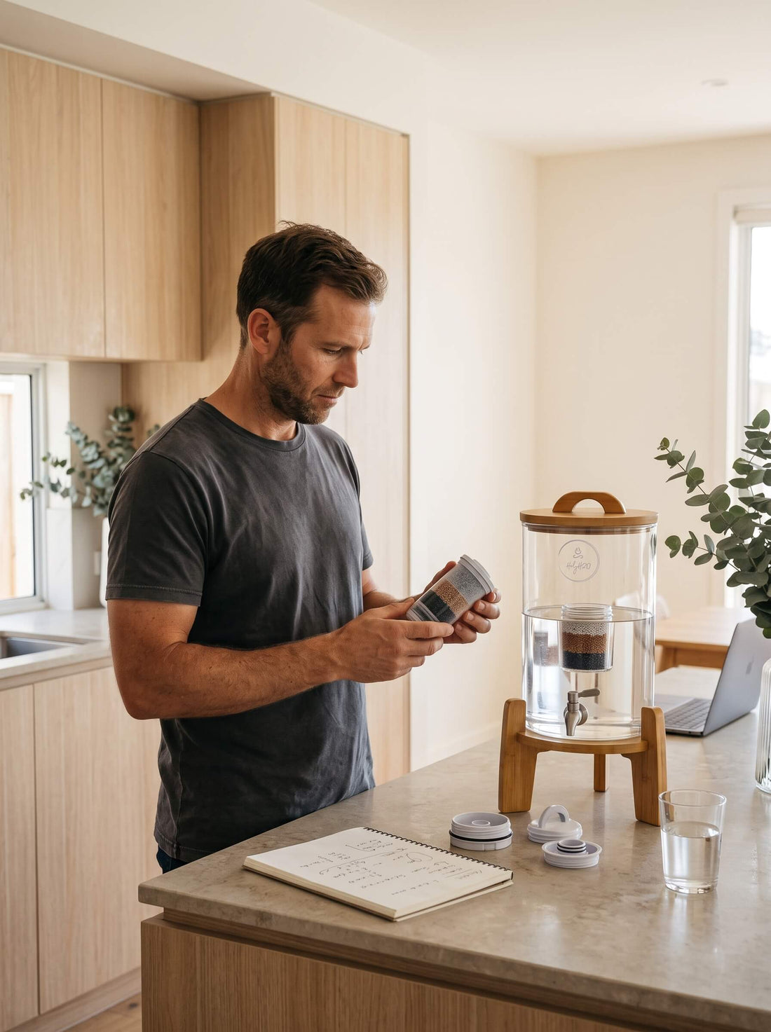 AJ, founder of HolyH₂O, in his Sydney kitchen beside the glass Trinity filter