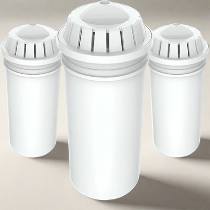 Three white water filter cartridges on a white background