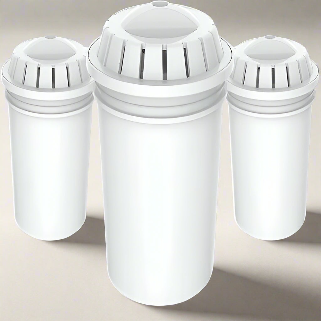 Three white water filter cartridges on a white background