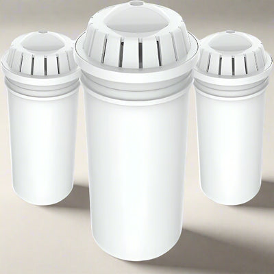 Three white water filter cartridges on a white background