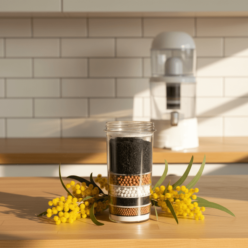 Water Filter cartridge on a wooden surface with yellow flowers and a blurred kitchen background