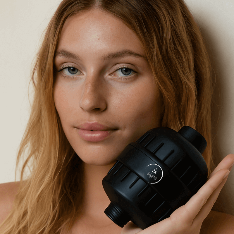 A person holding the HolyH₂O™ Shower Mate Filter, showcasing its sleek black design for healthier skin and hair.