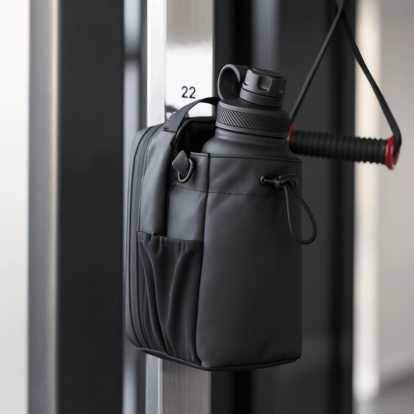 Titan Gym Bag by HolyH₂O™ hanging on gym equipment, showcasing its magnetic gym bag design and convenient storage.