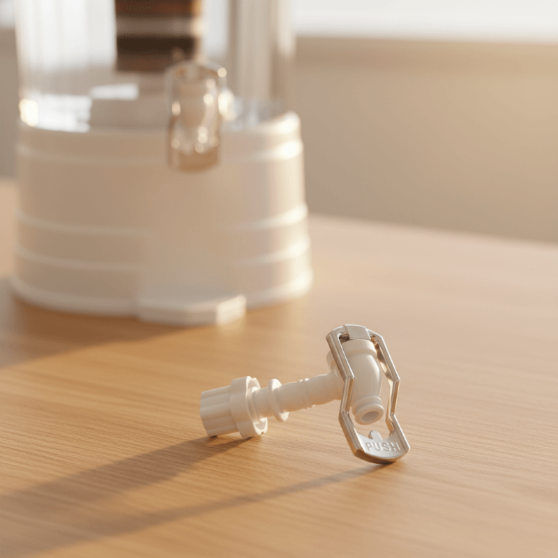 Replacement tap on a wooden surface with a blurred background