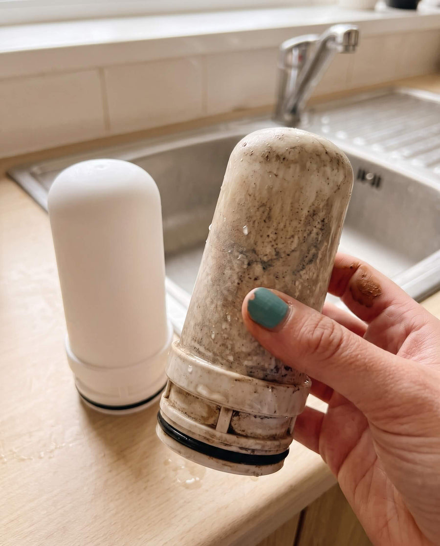 A new HolyH₂O Tap Mate filter next to one covered in sediment after 3 months of use