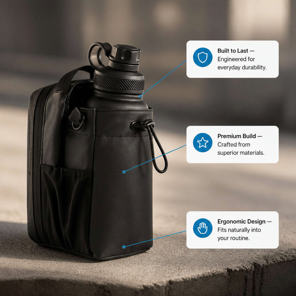 Black water bottle with carrying case on a textured surface, featuring durability, premium build, and ergonomic design labels.